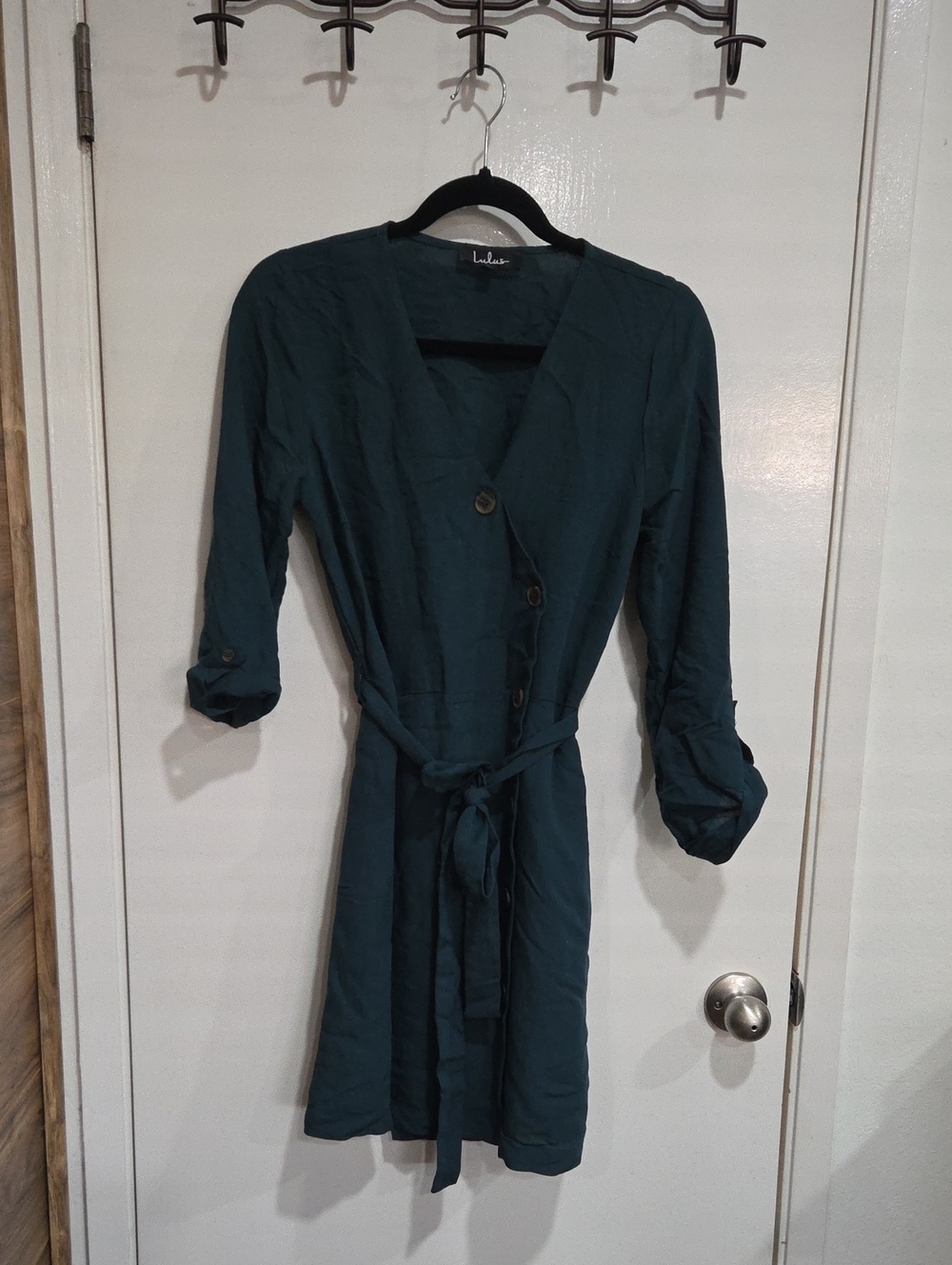 Lulu's Deep Teal Button-Front Tie-Waist Long Sleeve Dress Size Medium